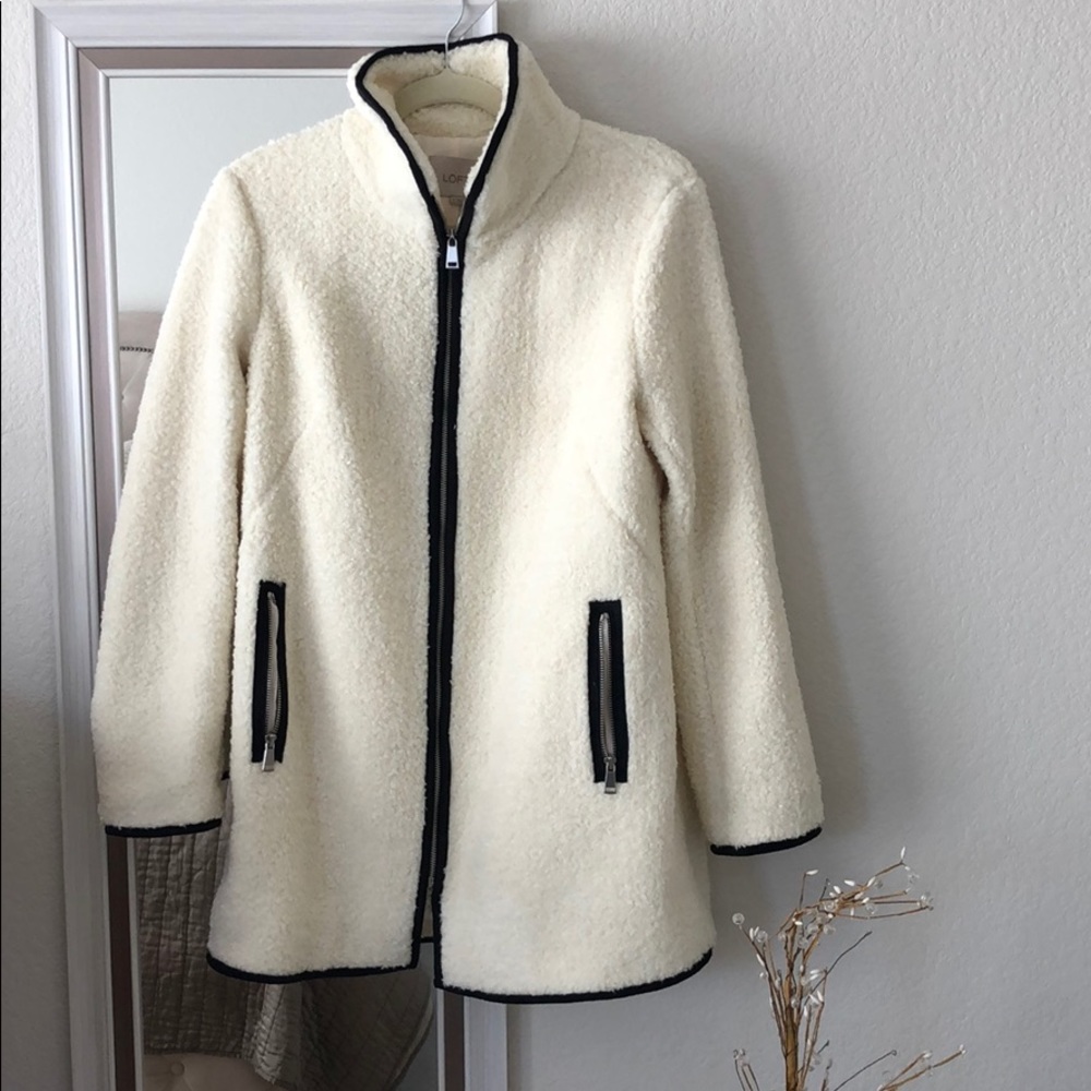 Loft - piped funnel neck long fleece coat